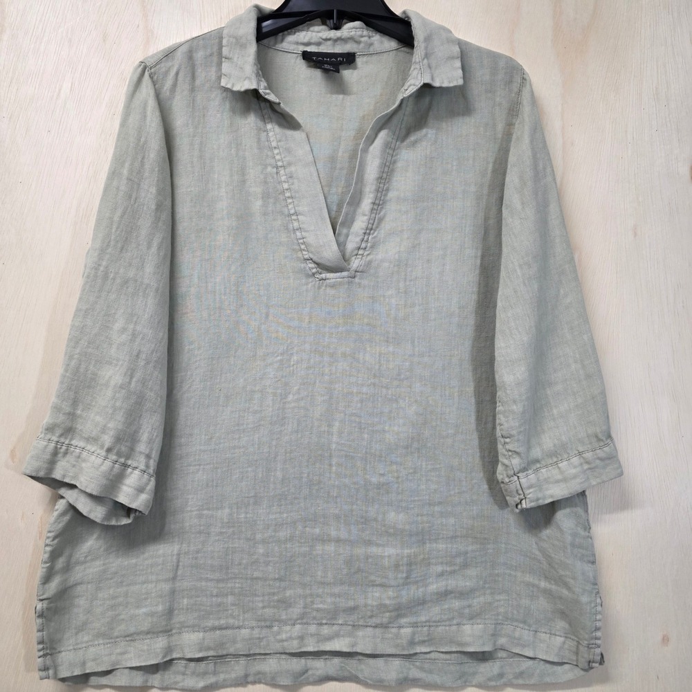 Tahari Linen Tunic Top Sage Green 3/4 Sleeve V-Neck Blouse Large - Picture 13 of 13